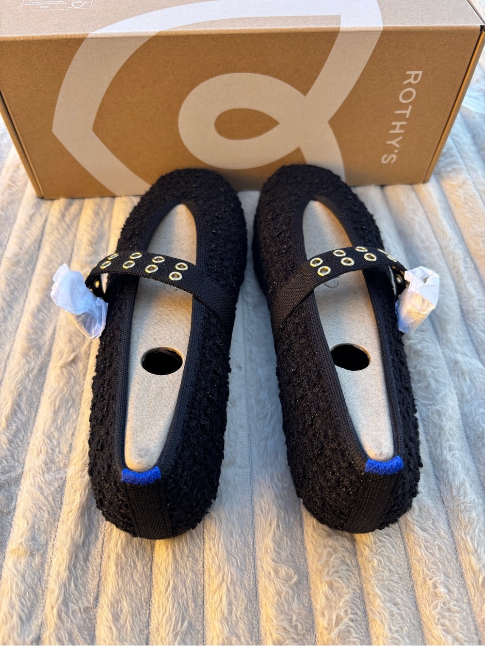 Rothy's Black Textured Mary Jane Flats with Eyelet Strap Twinkle Boucle - Picture 3 of 6